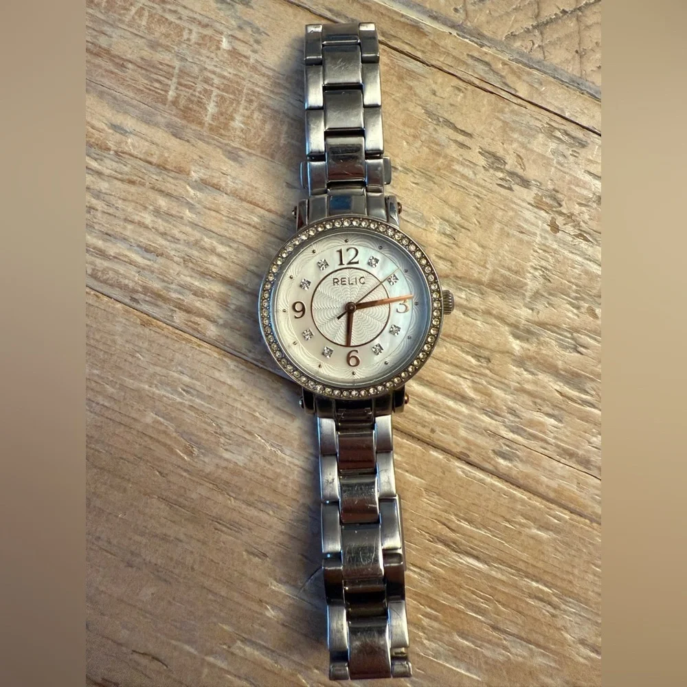 Relic Silver-Tone and Rose Gold Hands Crystal Accent Women's Bracelet Watch